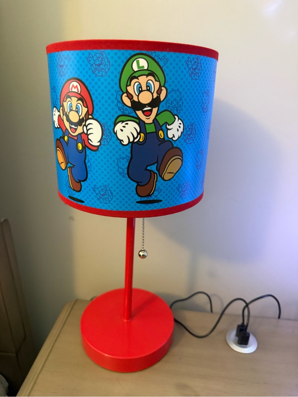 Red Super Mario Table Lamp with Blue Shade